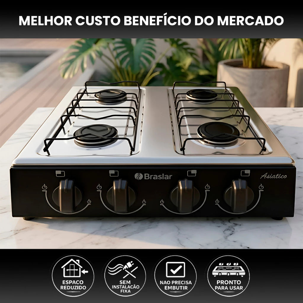 Fogão Cooktop 4 Bocas — Portátil e em Inox