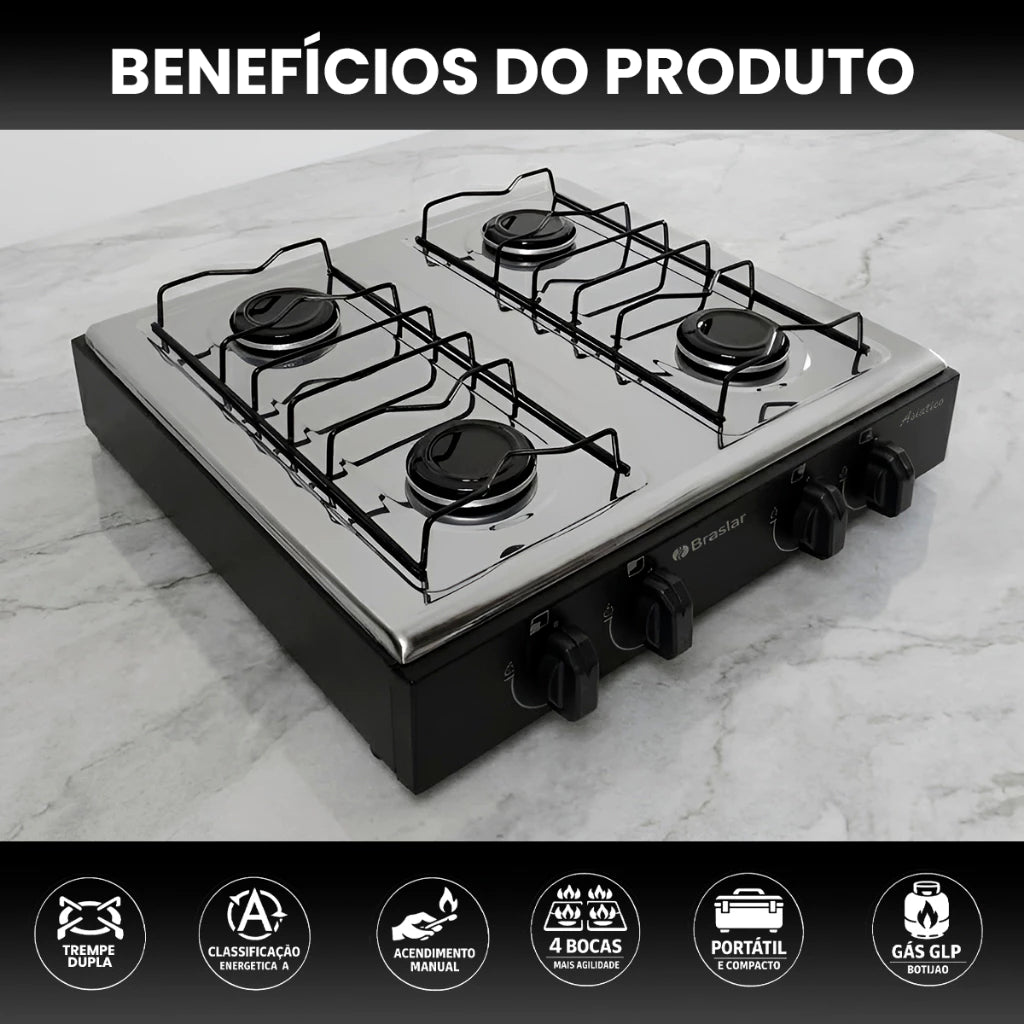 Fogão Cooktop 4 Bocas — Portátil e em Inox