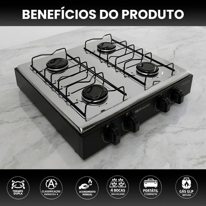 Fogão Cooktop 4 Bocas — Portátil e em Inox